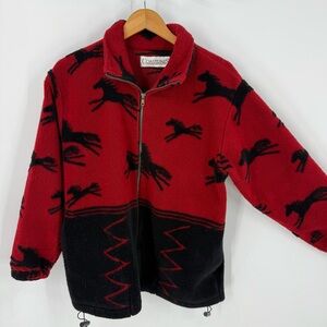Coastlines Canada vintage black equestrian horse print zip, front plush jacket S